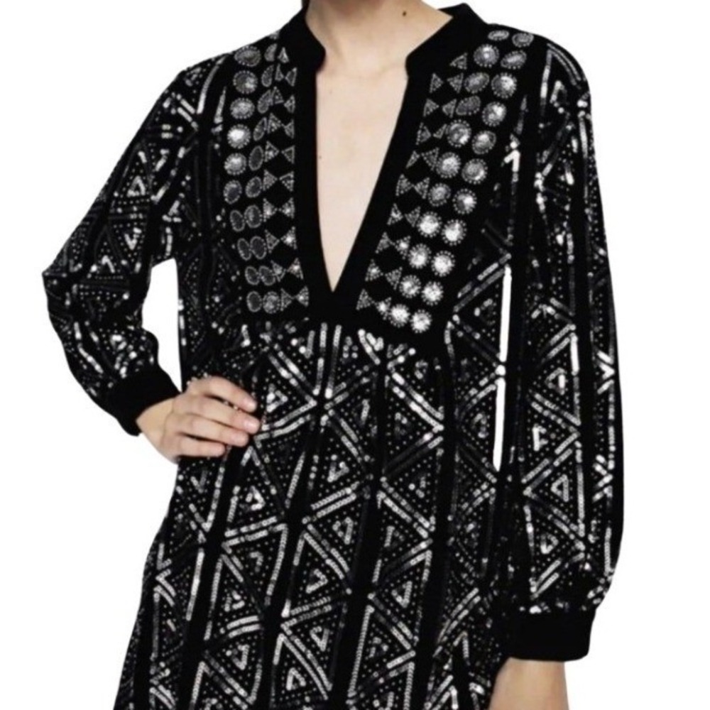 Zara‎ Womens Black Velvet Sequin Geometric Blouse Deep V-Neck Long Sleeve Size S